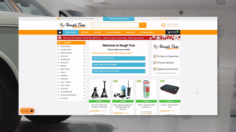 RoughTrax 4X4 Magento storefront vehicle selector animation