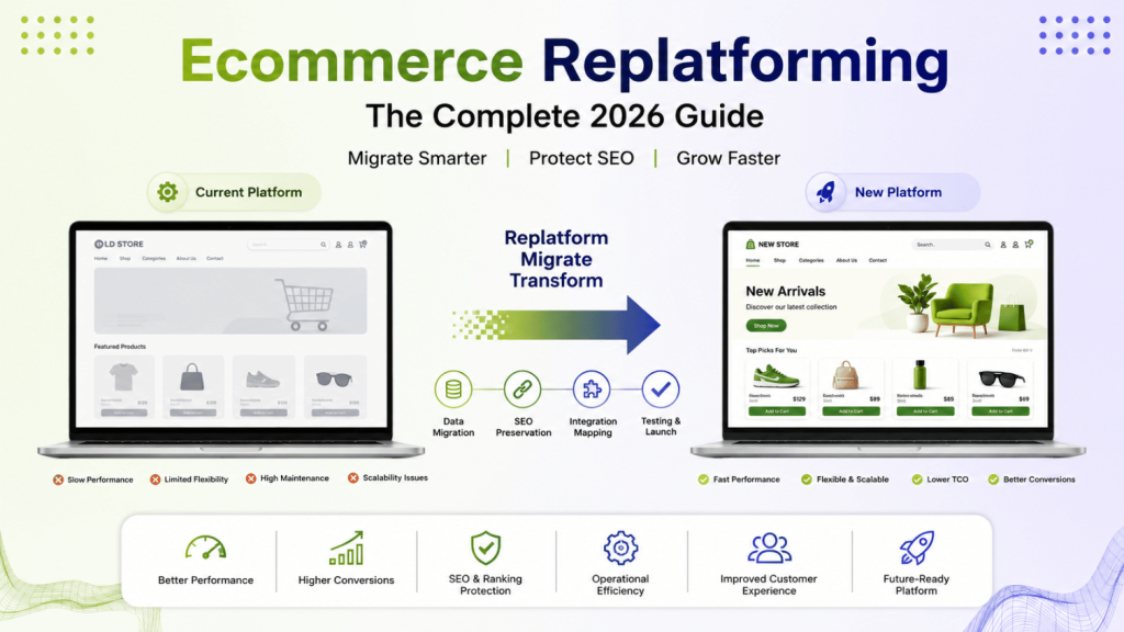 Ecommerce replatforming illustration showing migration from an old online store to a modern platform with SEO and performance benefits.