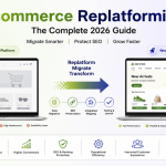 Ecommerce replatforming illustration showing migration from an old online store to a modern platform with SEO and performance benefits.