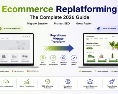 Ecommerce replatforming illustration showing migration from an old online store to a modern platform with SEO and performance benefits.