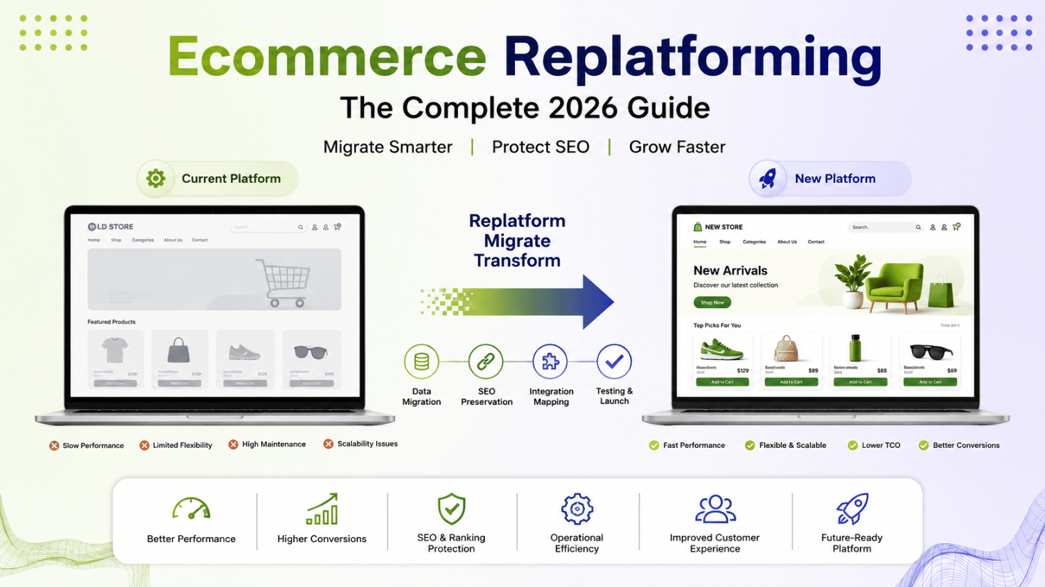 Ecommerce replatforming illustration showing migration from an old online store to a modern platform with SEO and performance benefits.