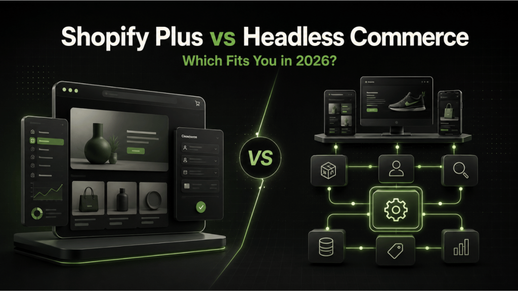 Shopify Plus storefront dashboard compared with a modular headless commerce architecture, connected across devices, databases, products, customers, search, and analytics.