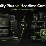 Shopify Plus storefront dashboard compared with a modular headless commerce architecture, connected across devices, databases, products, customers, search, and analytics.