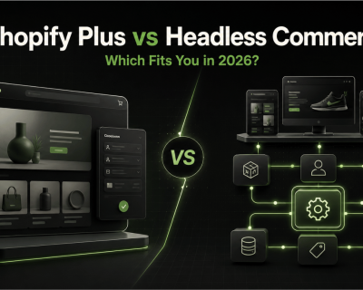 Shopify Plus storefront dashboard compared with a modular headless commerce architecture, connected across devices, databases, products, customers, search, and analytics.