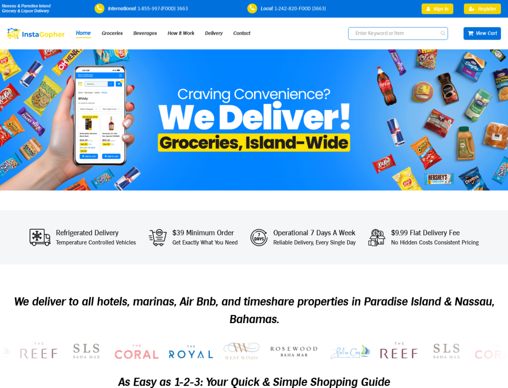 Instagopher Magento 2 storefront homepage with grocery delivery banner and delivery terms