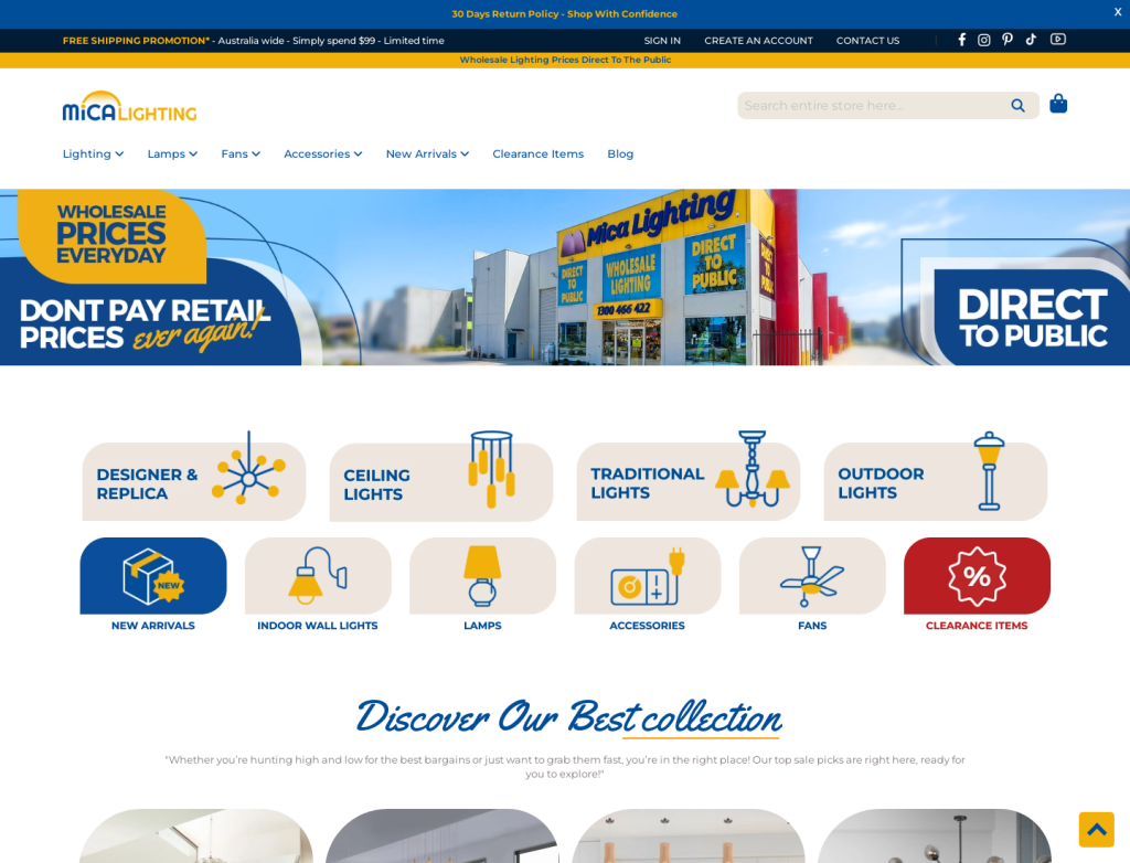 MICA Lighting Magento 2 storefront homepage with wholesale pricing banner and lighting categories