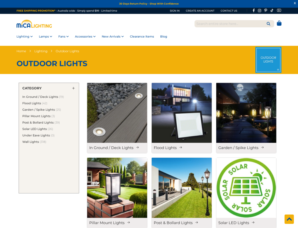 MICA Lighting outdoor lights category page