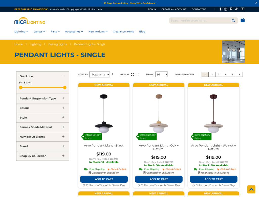 MICA Lighting pendant lights category page